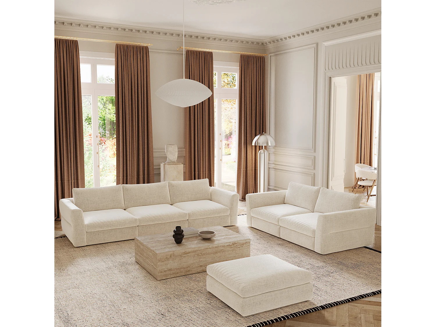 Canapé modulable 4-5 places tissu tramé toucher doux beige NEST