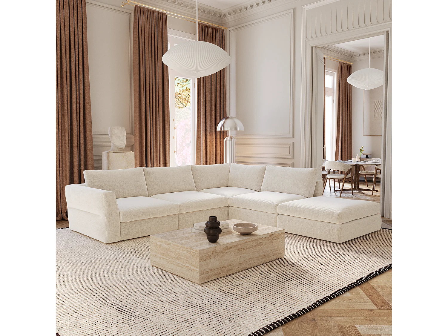 Canapé grand angle droit modulable 7 places tissu tramé doux beige NEST