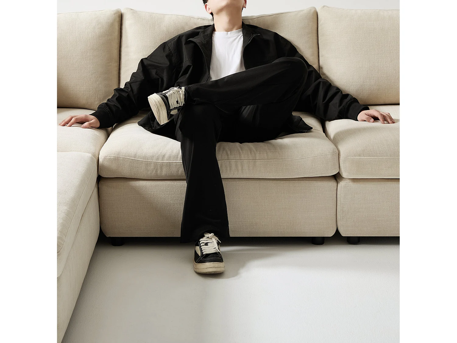 Canapé grand angle droit modulable 7 places tissu tramé doux beige NEST