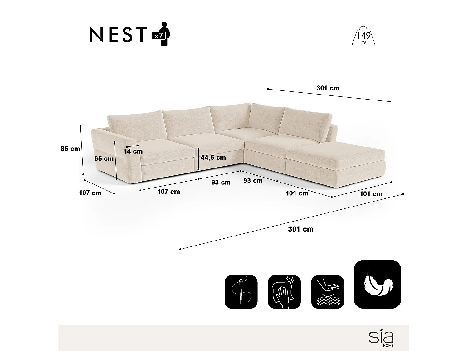 Canapé grand angle droit modulable 7 places tissu tramé doux beige NEST