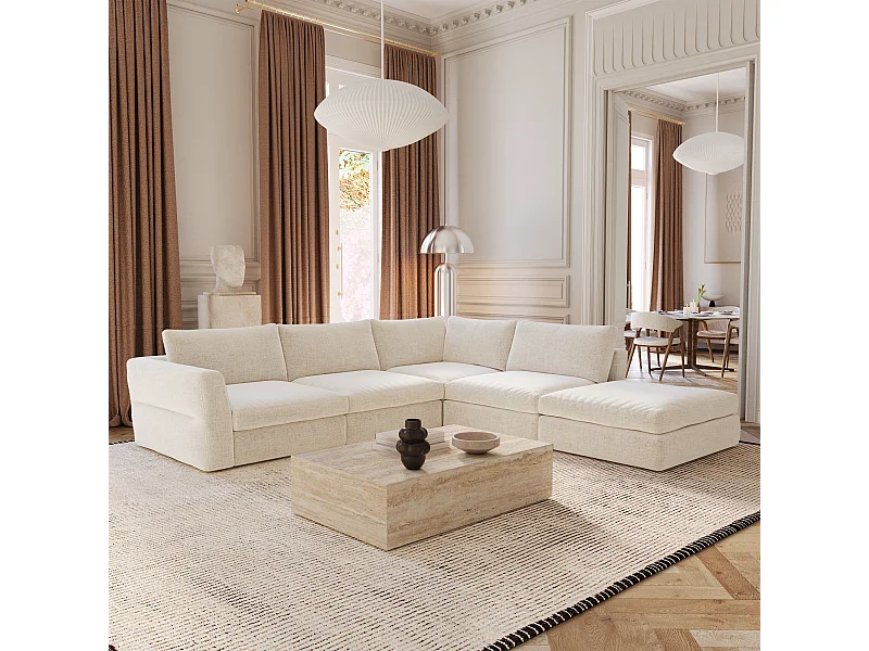 Canapé grand angle droit modulable 7 places tissu tramé doux beige NEST