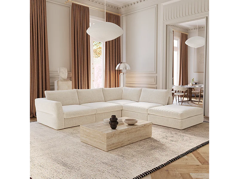 Canapé grand angle droit modulable 7 places tissu tramé doux beige NEST