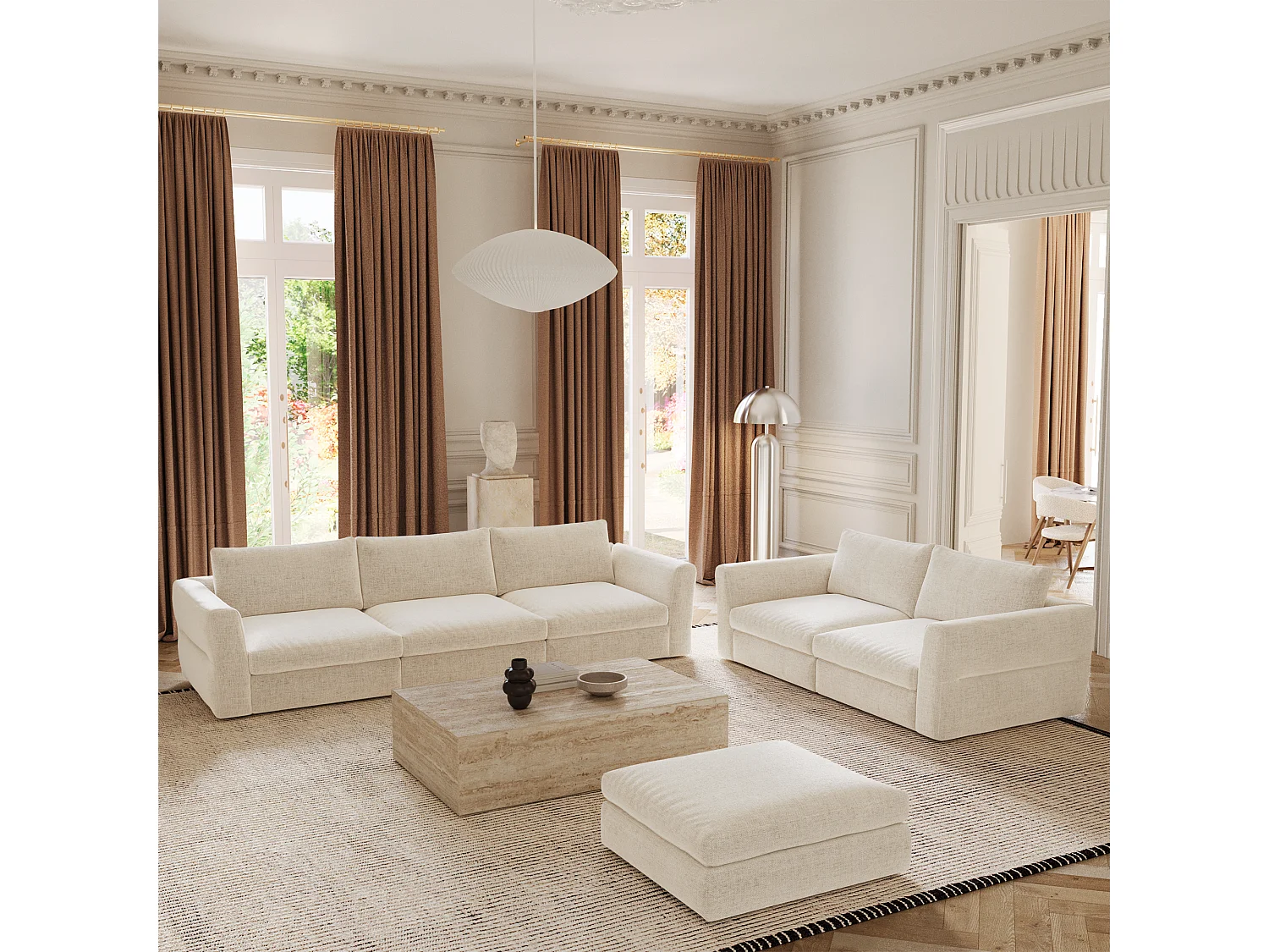 Canapé modulable 3 places tissu tramé toucher doux beige NEST