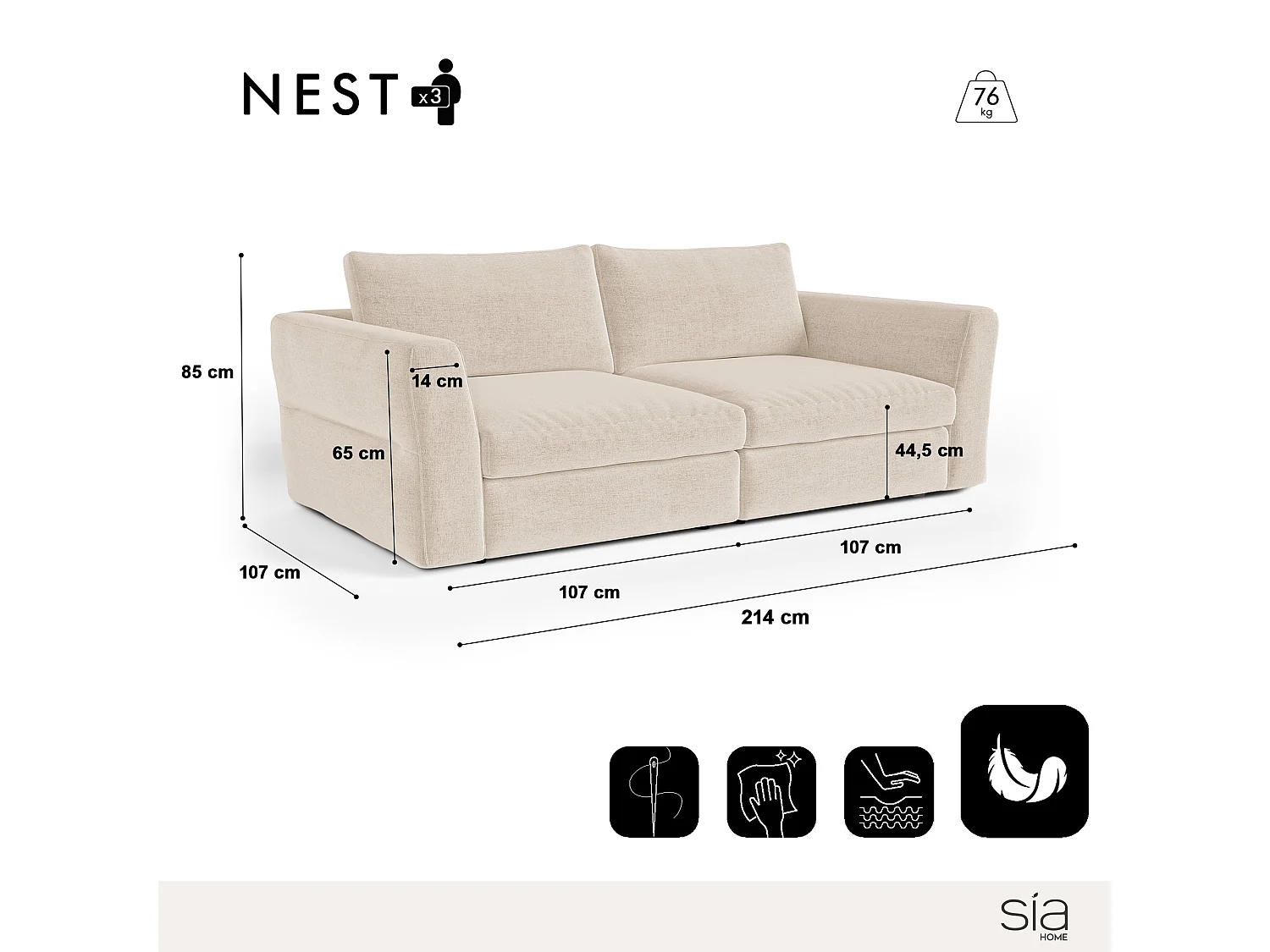 Canapé modulable 3 places tissu tramé toucher doux beige NEST