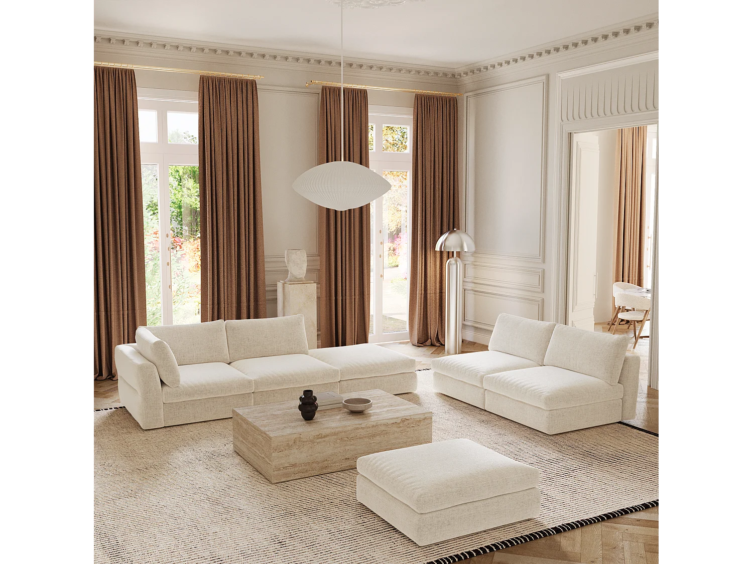 Pouf tissu tramé toucher doux beige NEST