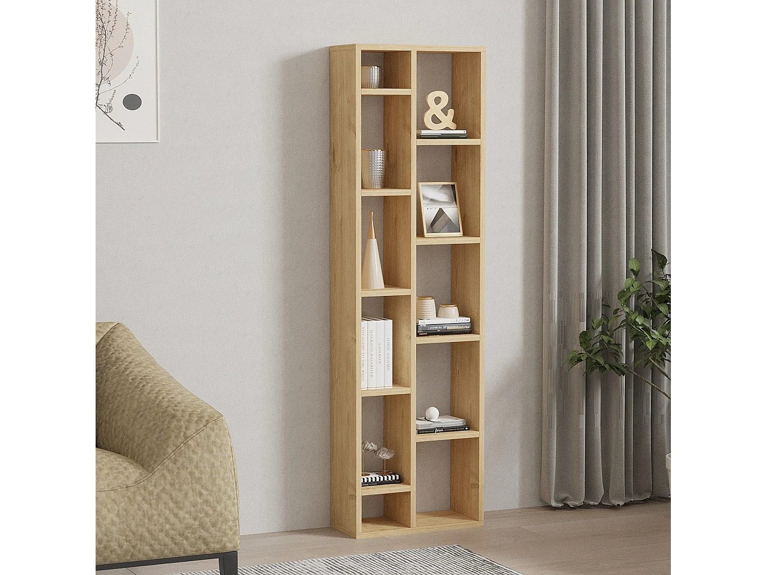 Bibliothèque moderne en mélaminé – 150 cm de haut x 45 cm de large x 20 cm de profondeur – Chêne Saphir