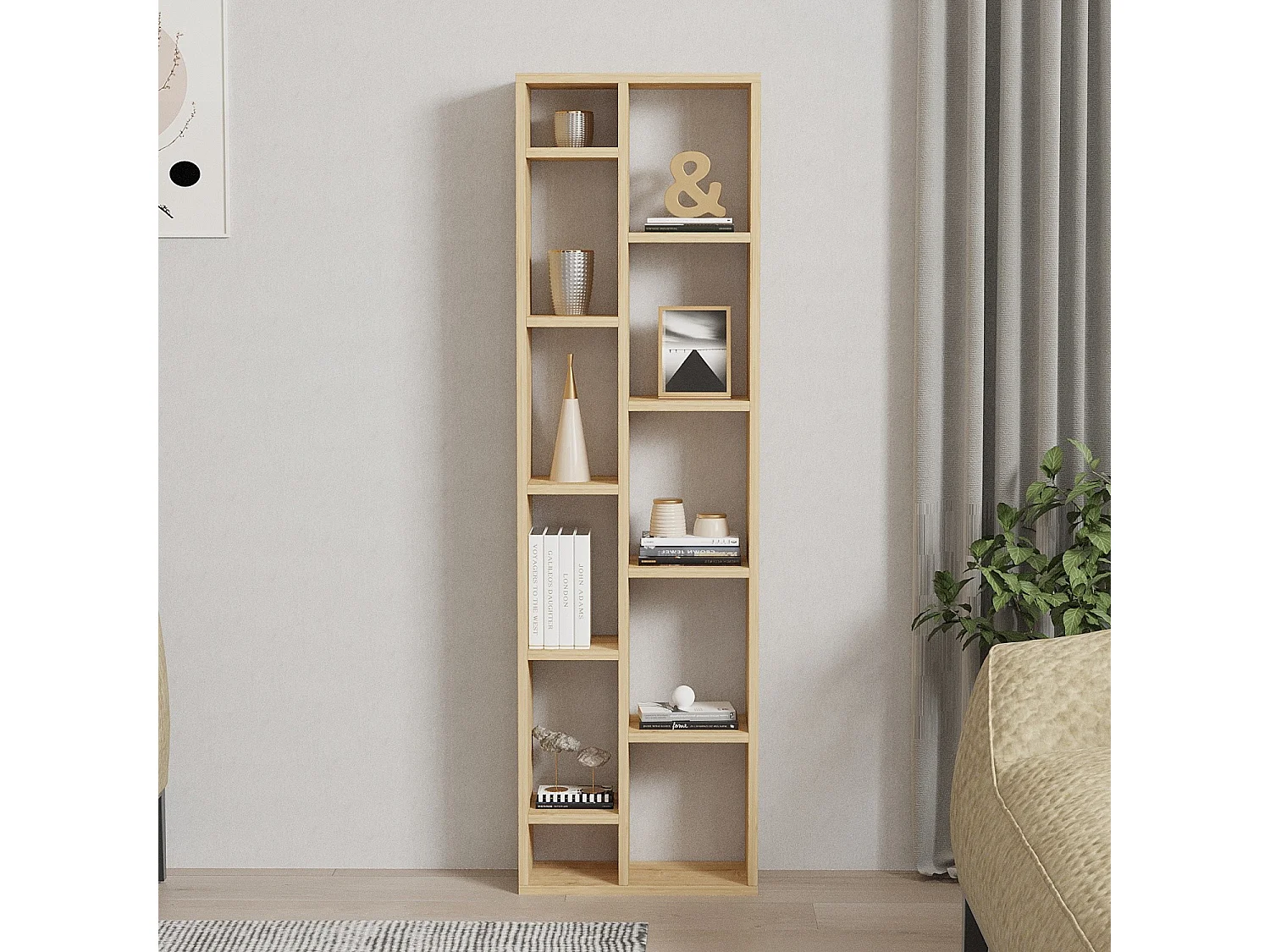 Bibliothèque moderne en mélaminé – 150 cm de haut x 45 cm de large x 20 cm de profondeur – Chêne Saphir