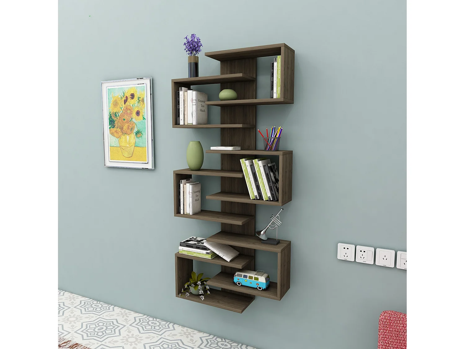 Bibliothèque moderne en panneaux de particules mélaminés – 75 cm x 161,3 cm x 21,3 cm – Noyer