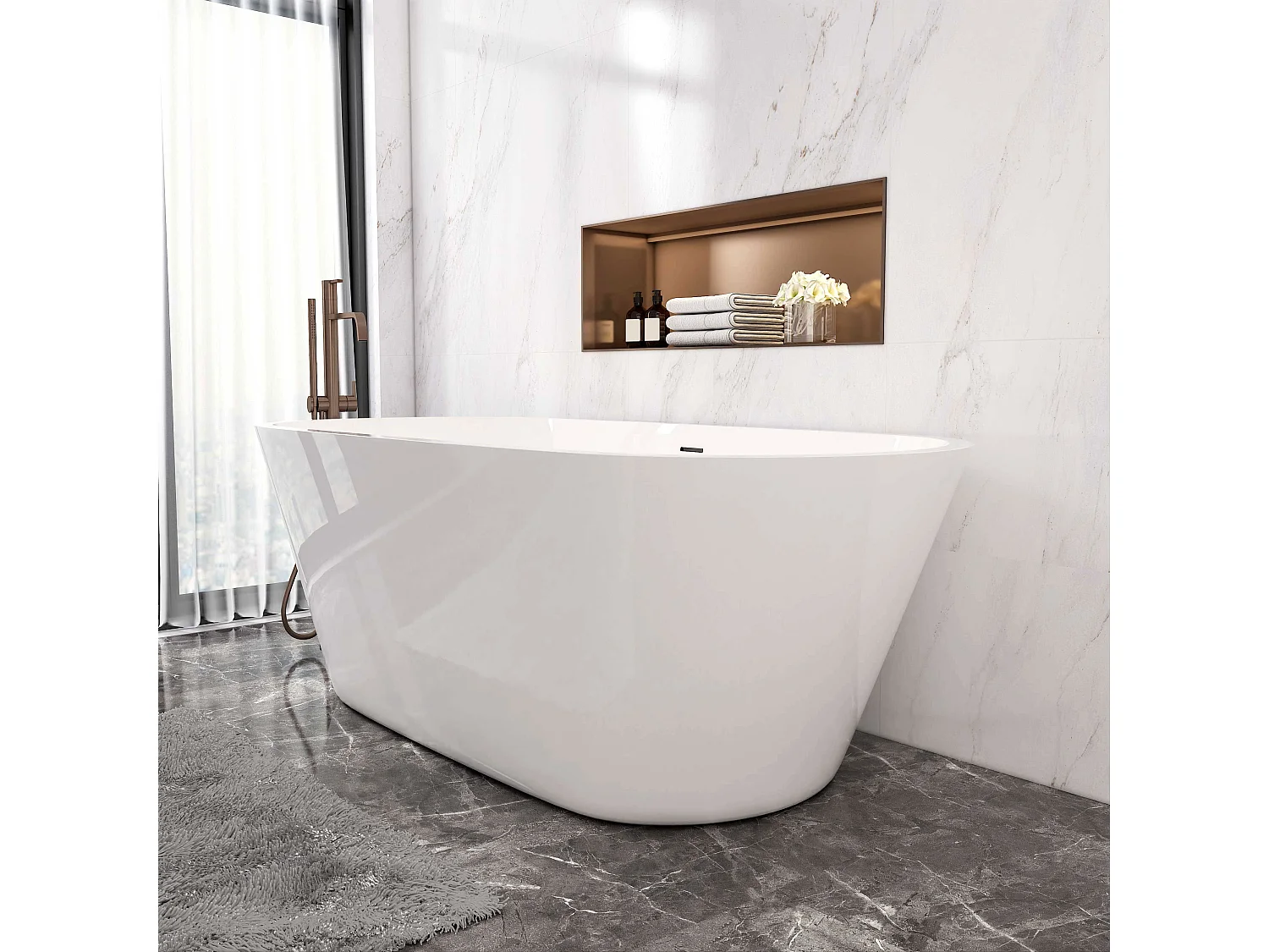 Aica L:170xB:80xH:58 cm Vrijstaand Bad Ovaal in mat wit acryl,met overloop en afvoer