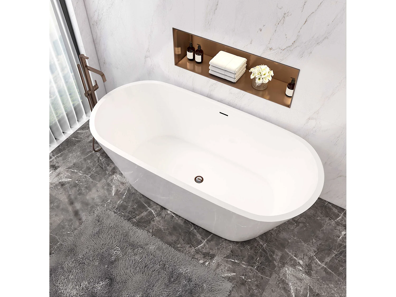 Aica L:170xB:80xH:58 cm Vrijstaand Bad Ovaal in mat wit acryl,met overloop en afvoer