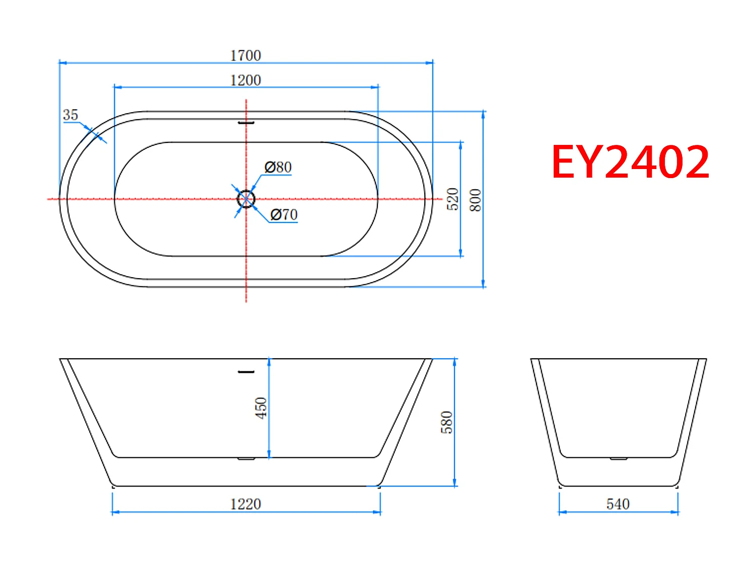Aica 170x80x58 cm Functioneel Vrijstaand wit Acrylbad Ovaal met Uitstekende Warmte-isolatie en Afvoerset