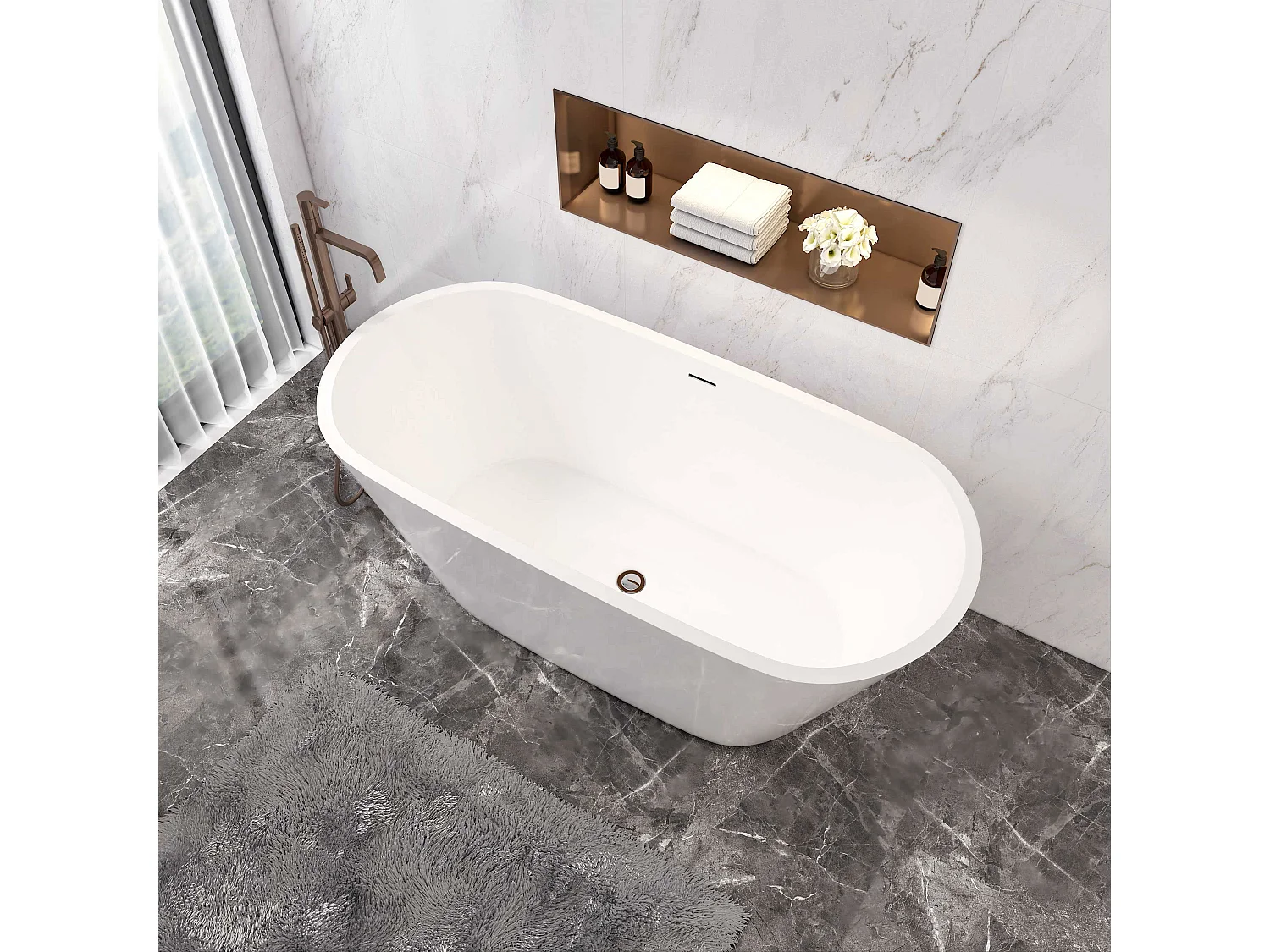 Aica L:150xB:70xH:58 cm Vrijstaand Bad Ovaal in mat wit acryl,met overloop en afvoer