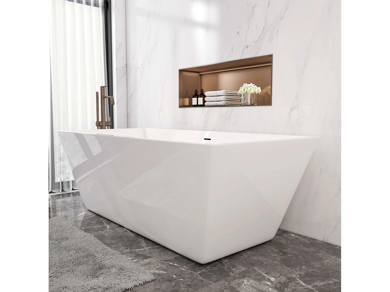 Aica L:170xB:80xH:58 cm vrijstaand rechthoeking bad in mat wit afwerking acryl,met overloop met afvoer