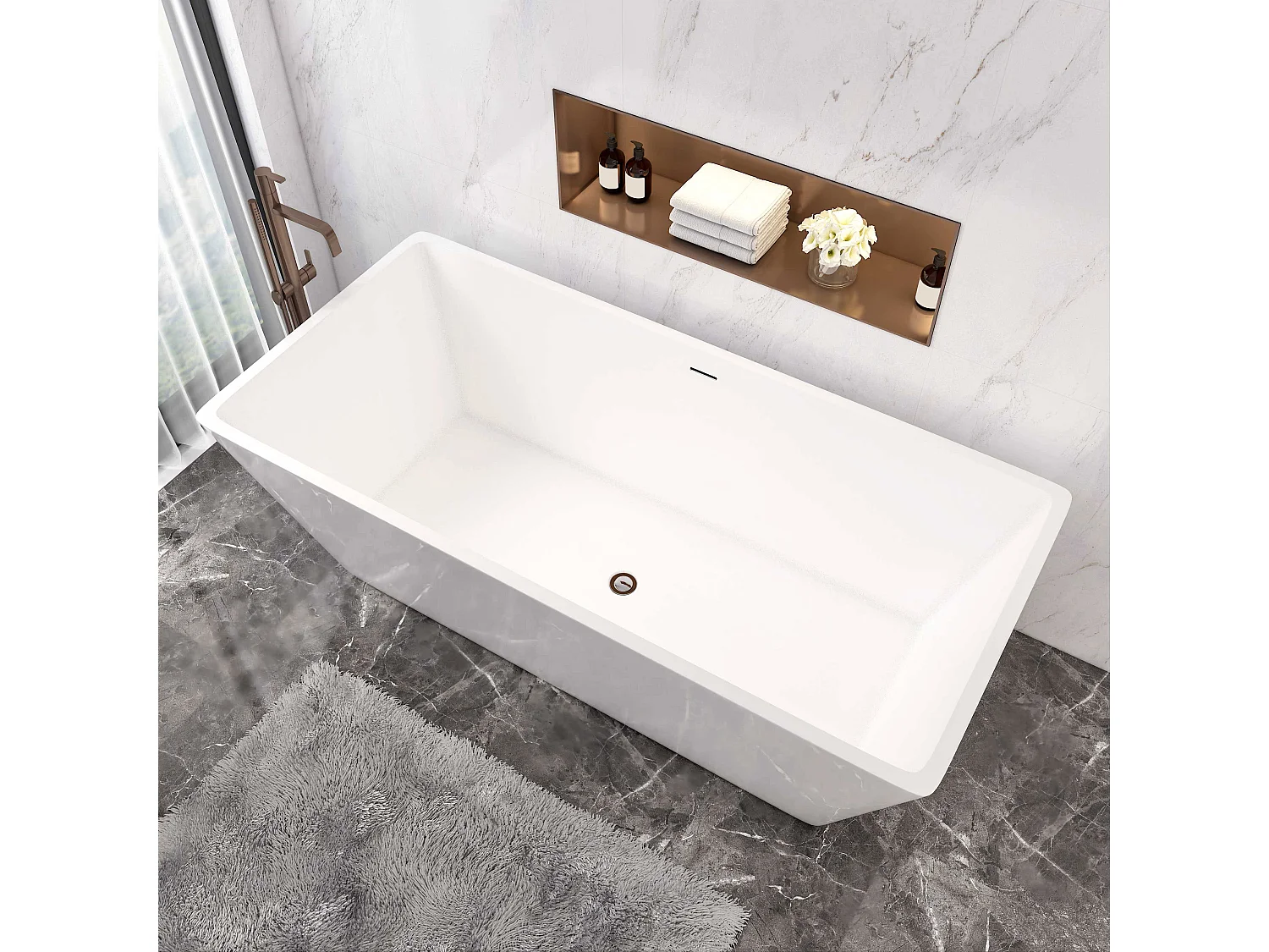 Aica L:170xB:80xH:58 cm vrijstaand rechthoeking bad in mat wit afwerking acryl,met overloop met afvoer