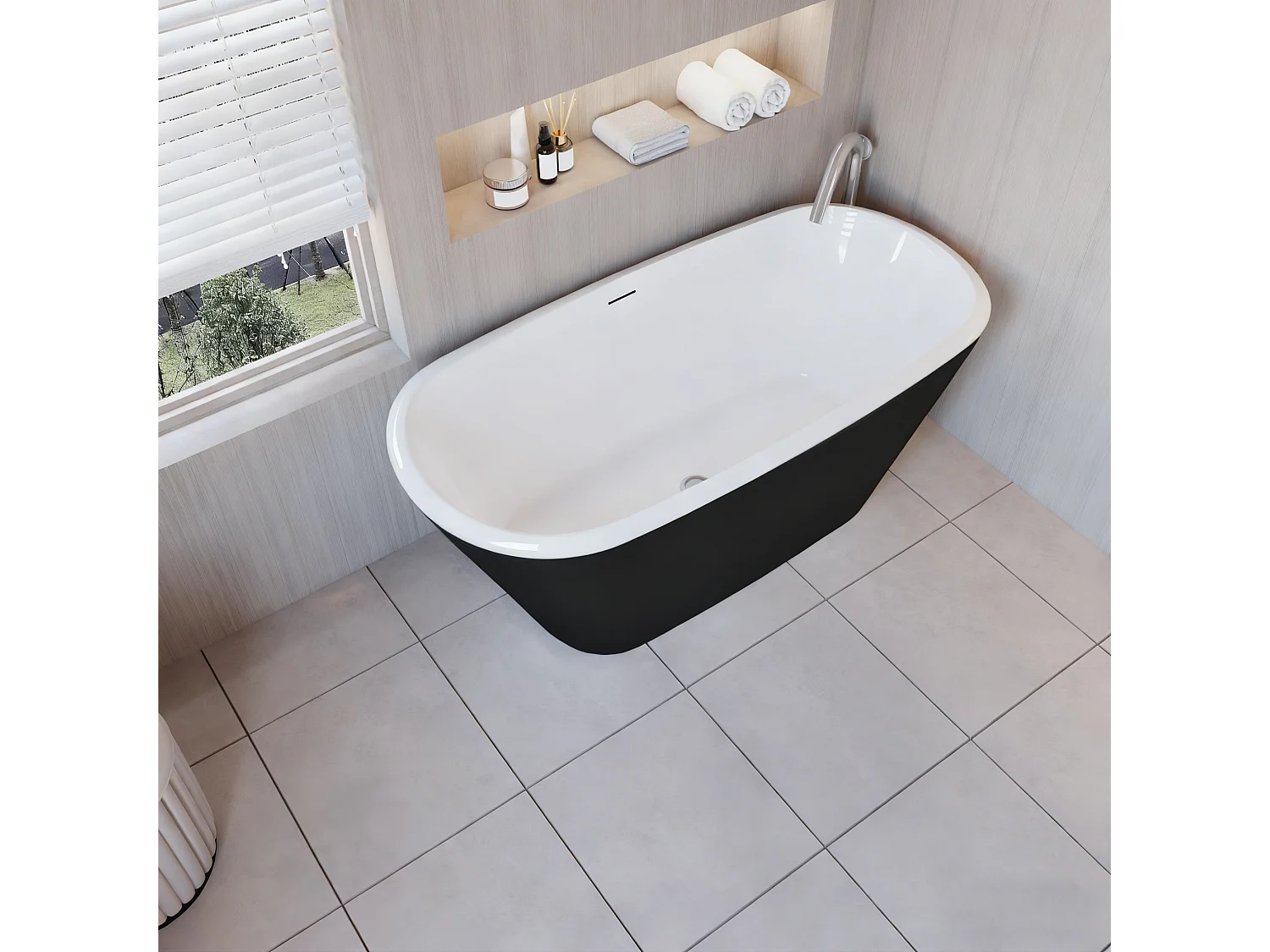 Aica Halfvrijstaand Bad 150x72x60 cm-Mat zwart-Acryl-Met Afvoer-Eenvoudig te Installeren