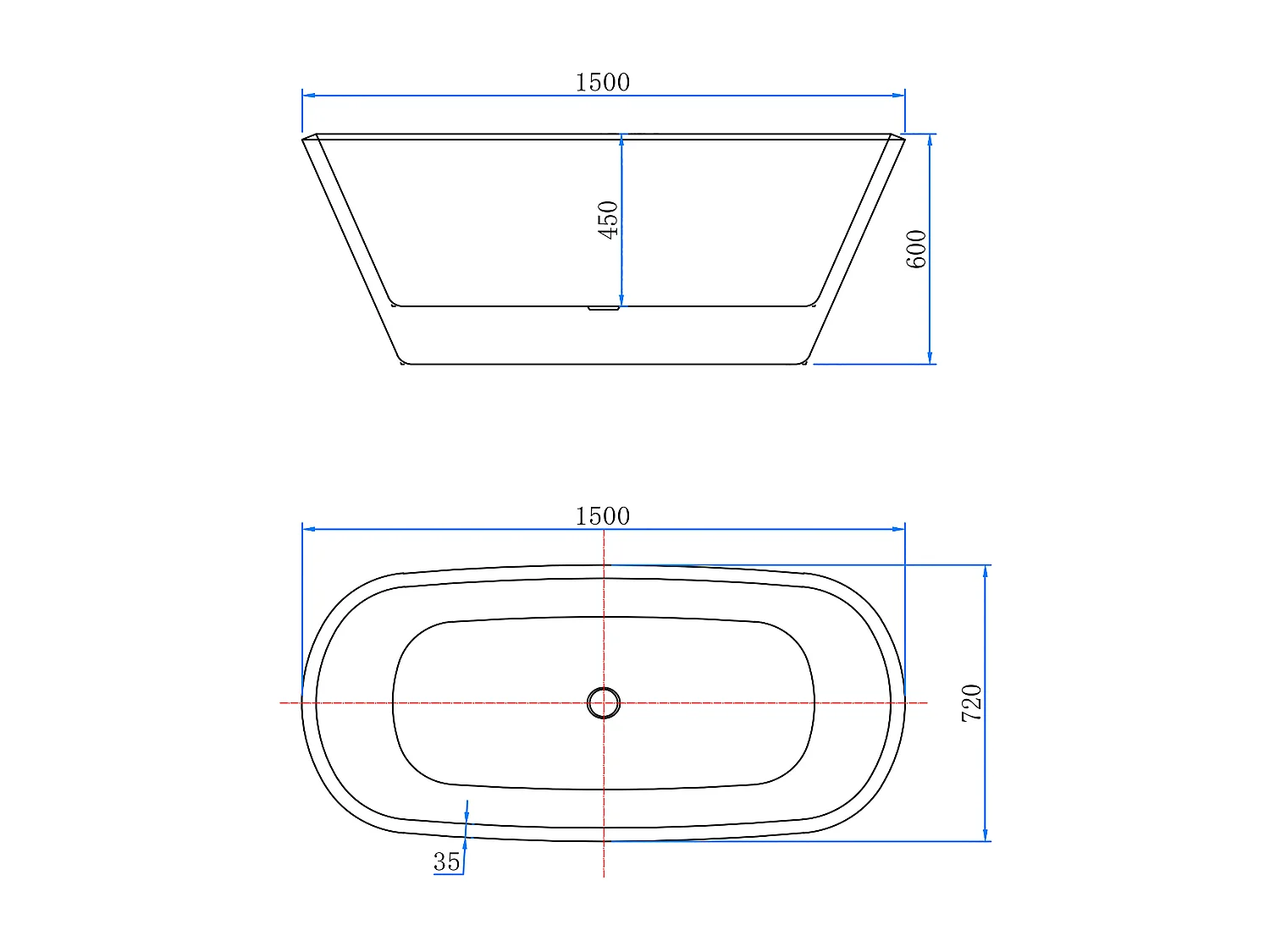 Aica Halfvrijstaand Bad 150x72x60 cm-Mat zwart-Acryl-Met Afvoer-Eenvoudig te Installeren