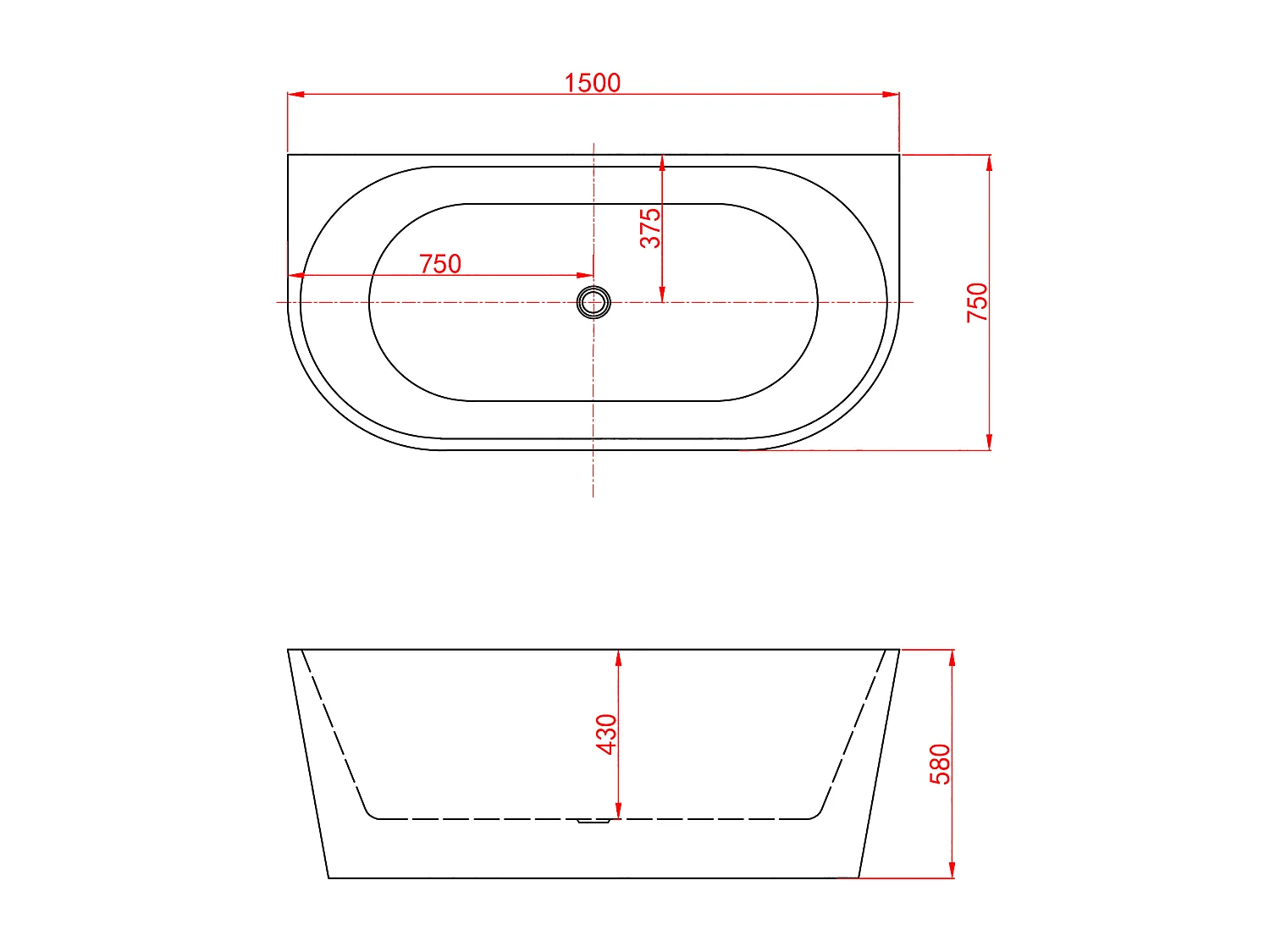 Aica Halfvrijstaand Bad 150x75x58 cm-Helder Wit-Acryl-Met Afvoer-Eenvoudig te Installeren