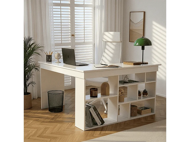 Bureau d'angle avec 8 niches de rangement ouvertes sur le côté L130 cm - ORGANIS