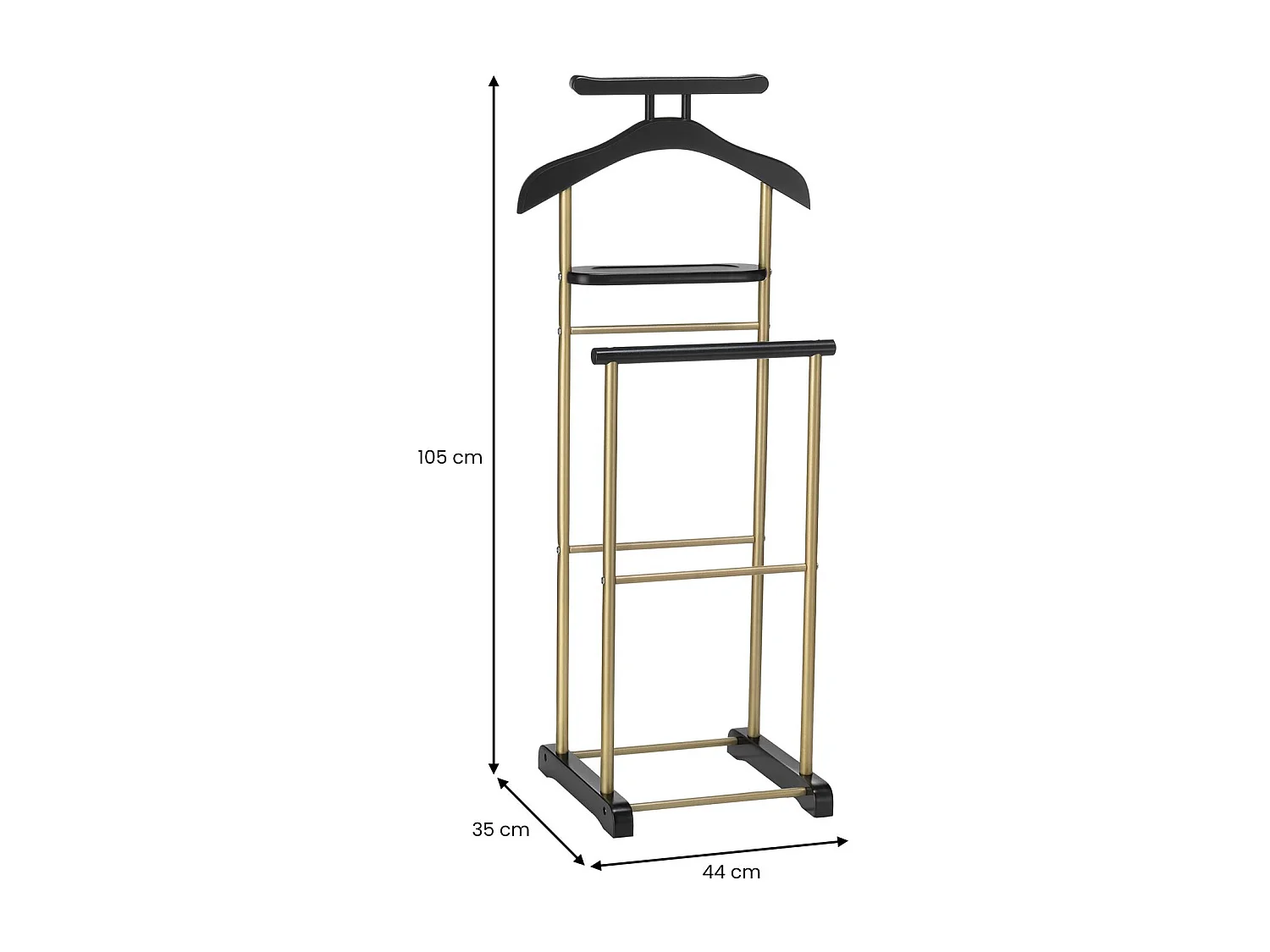 Valet de chambre MEDINA chevalet de nuit double portant pour vêtements, en MDF et métal laqué couleur noir et doré