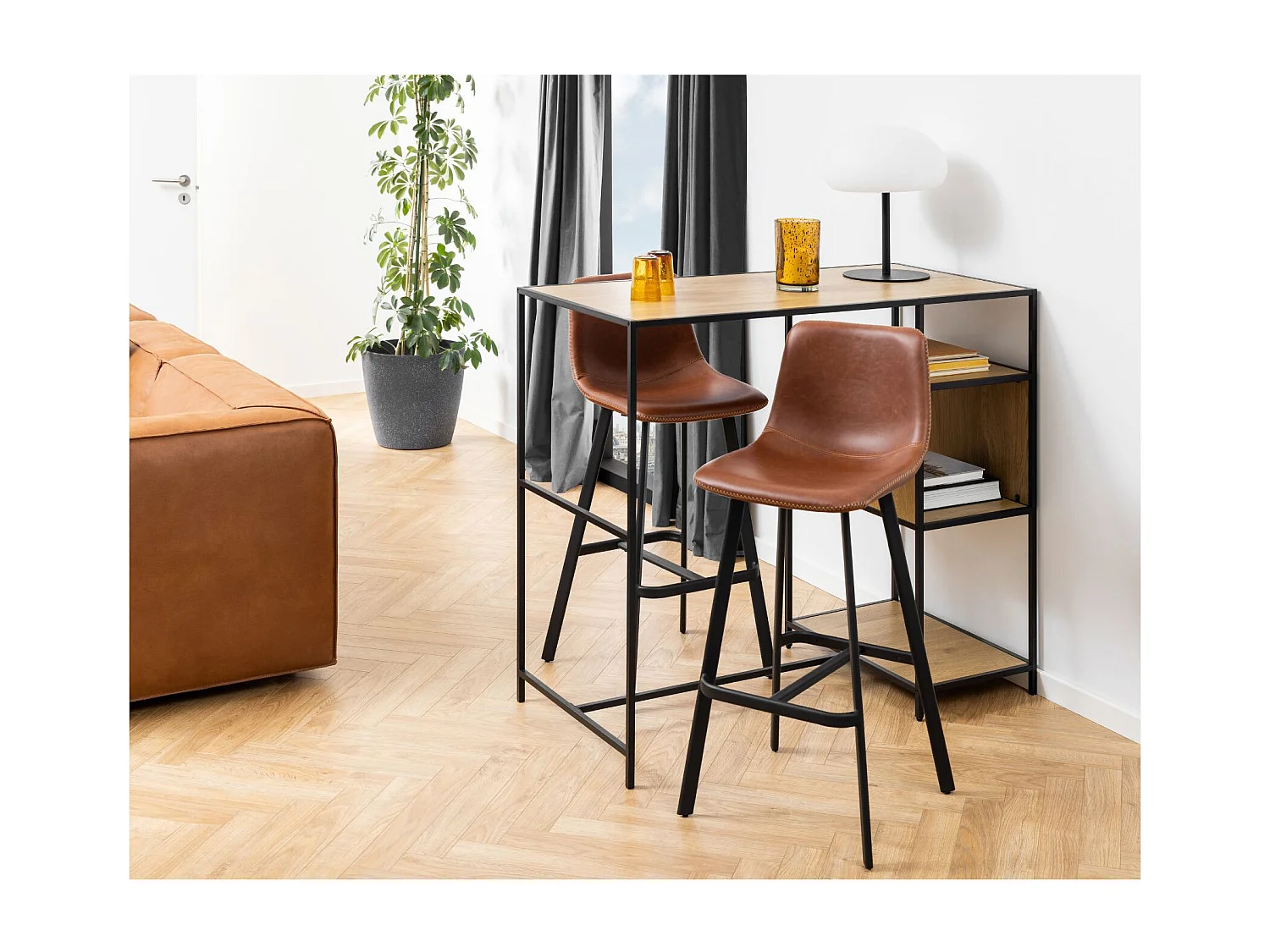 Tabourets de bar simili marron pieds métal noir (lot de 2) - NIELS