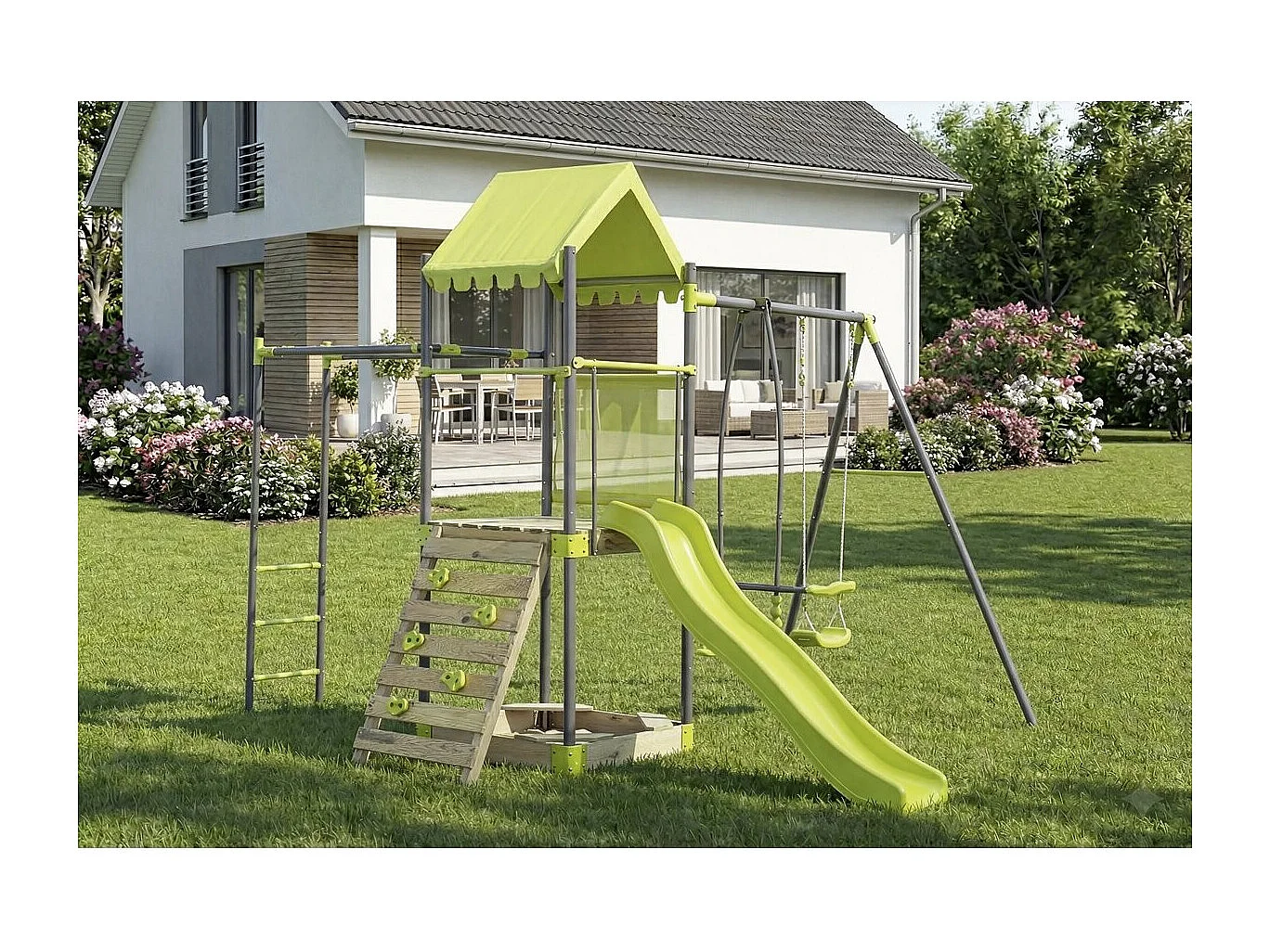 Columpio metálico "Lucien" con tobogán y arenero - Verde