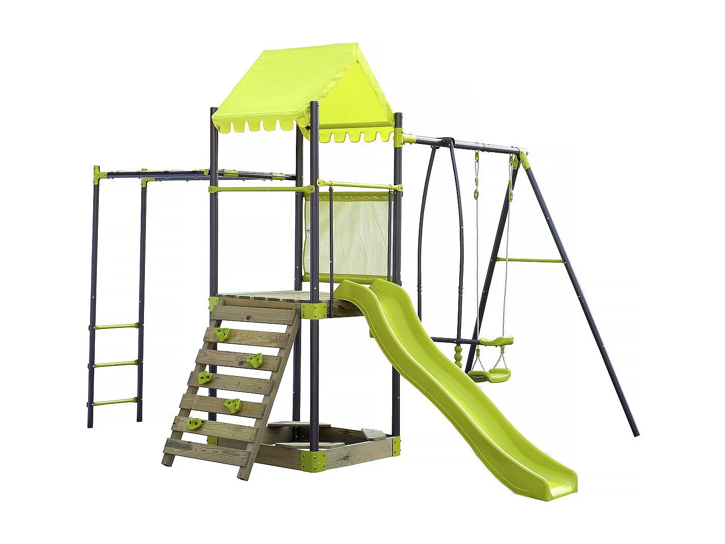Columpio metálico "Lucien" con tobogán y arenero - Verde