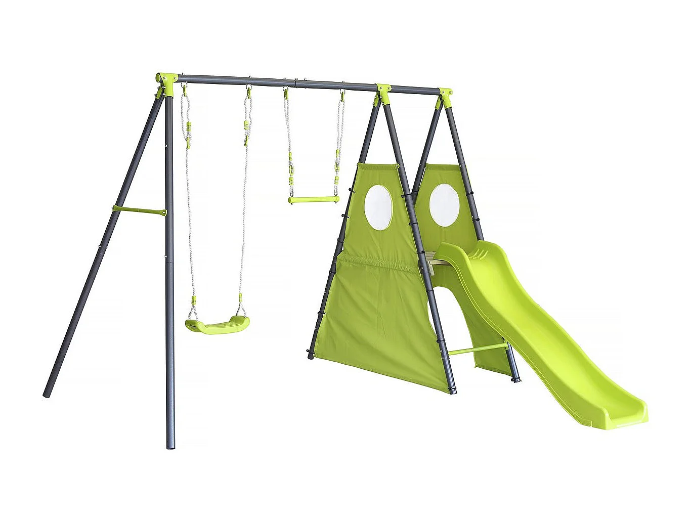 Estructura de juego metálica "Kylian" con tobogán - 4 aparatos - Verde