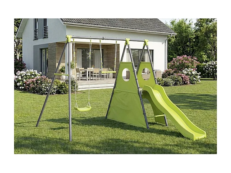 Estructura de juego metálica "Kylian" con tobogán - 4 aparatos - Verde