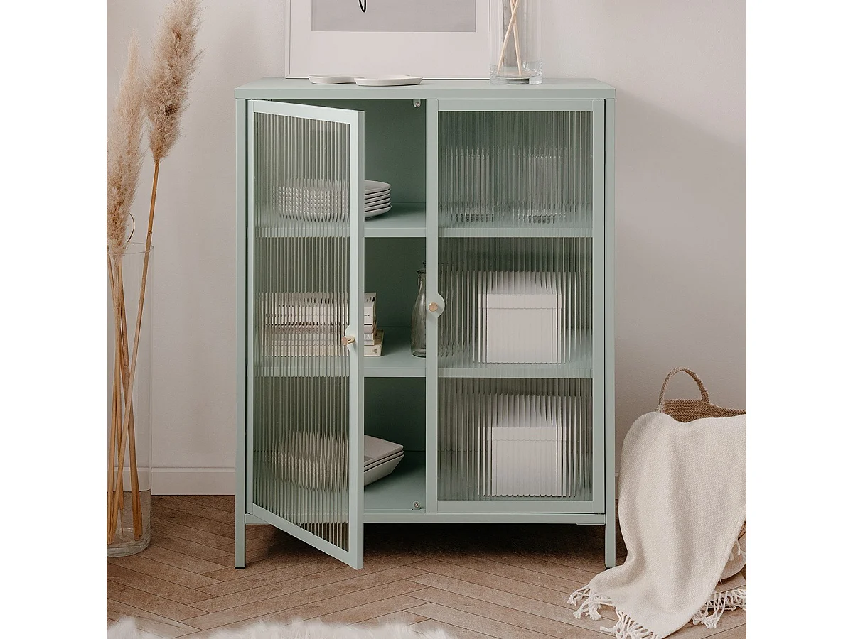 Kredens z 2 szklanymi drzwiami i metalowymi półkami L80 cm - MILTON