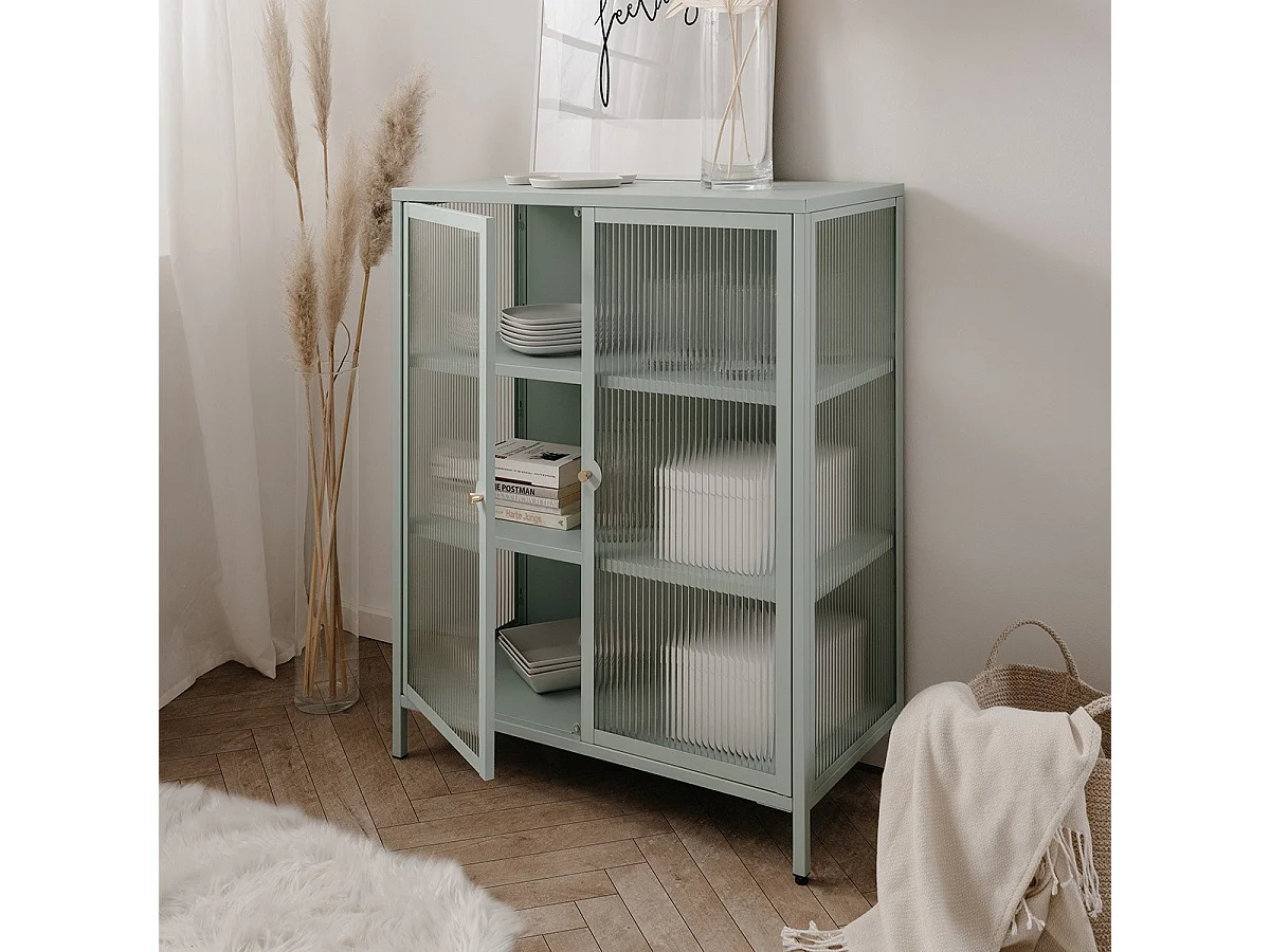 Kredens z 2 szklanymi drzwiami i metalowymi półkami L80 cm - MILTON