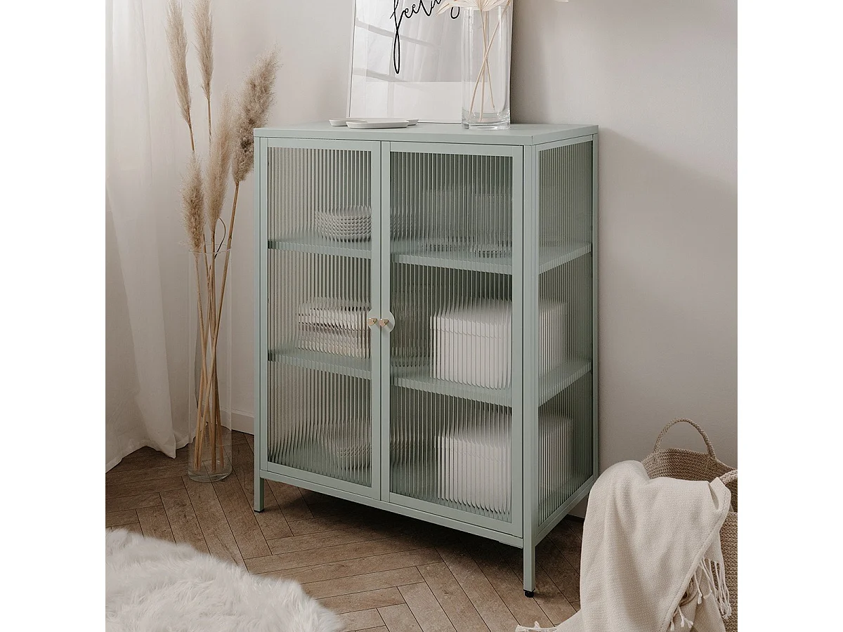 Kredens z 2 szklanymi drzwiami i metalowymi półkami L80 cm - MILTON