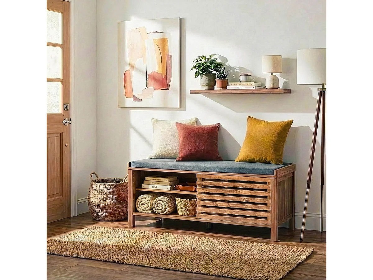 Banc à chaussures 2 portes coulissantes à lames ajourées L112 cm LIAM