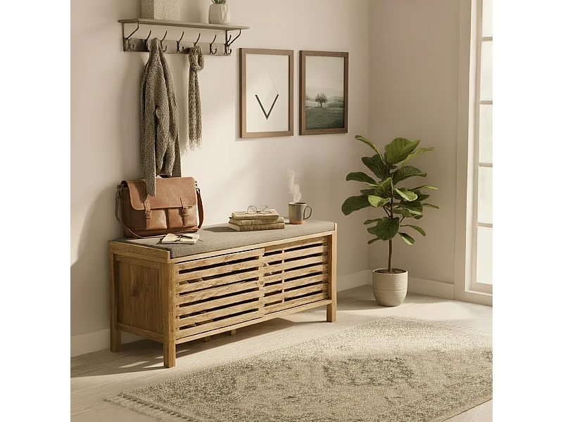 Panca per scarpe a 2 porte scorrevoli con lame trasparenti L112 cm - LIAM