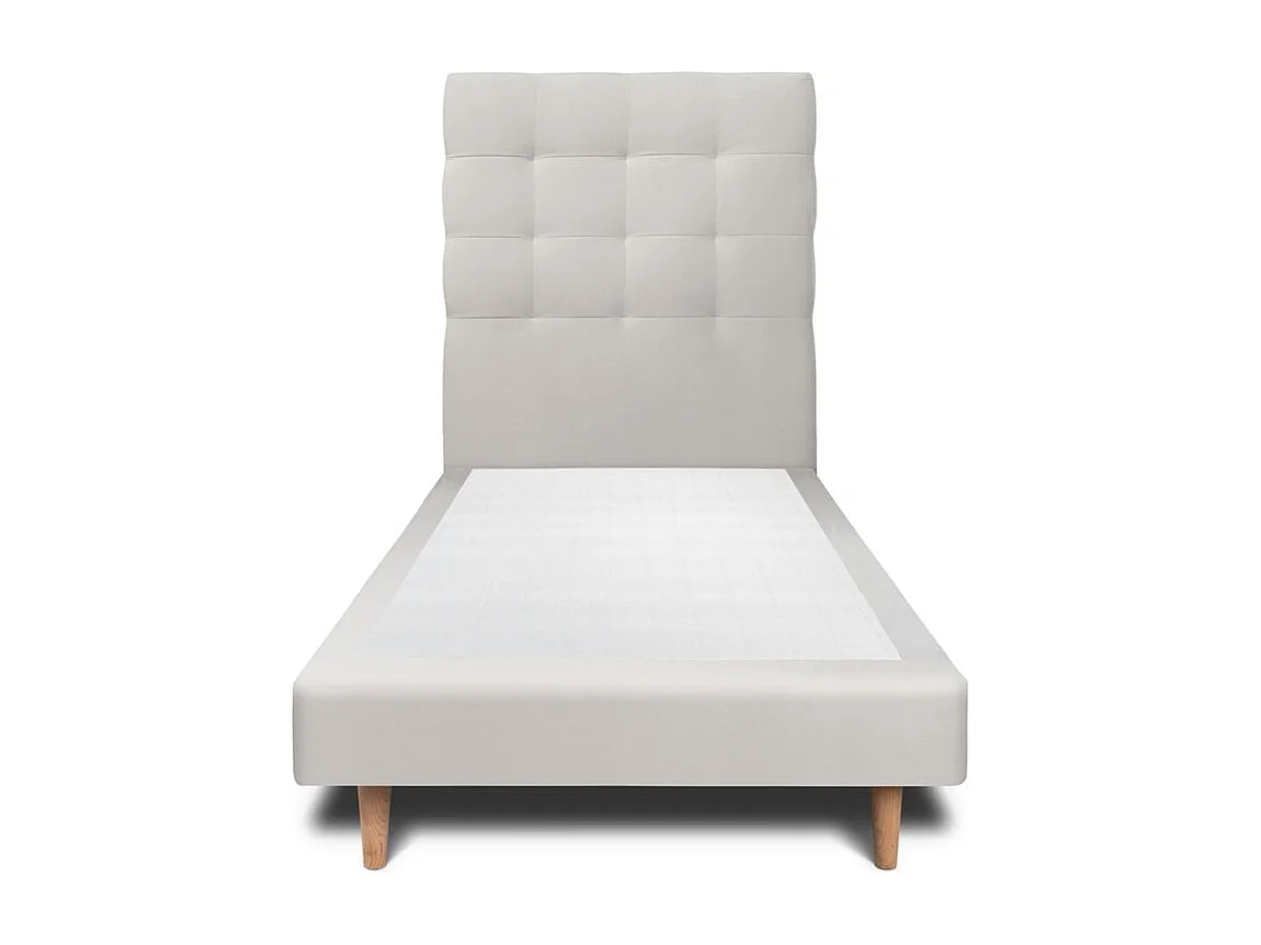 Lit 90x190cm avec tête de lit capitonnée velours et sommier tapissier gris clair - Hauteur totale : 29cm