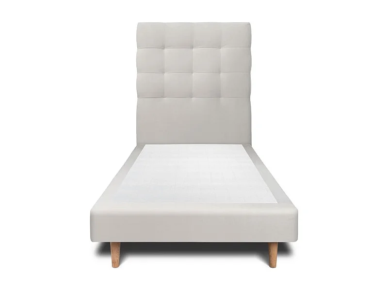 Lit 90x190cm avec tête de lit capitonnée velours et sommier tapissier gris clair - Hauteur totale : 29cm