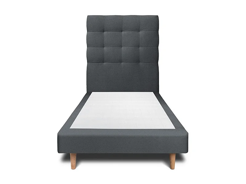 Lit 90x190cm avec tête de lit capitonnée velours et sommier tapissier gris anthracite - Hauteur totale : 29cm