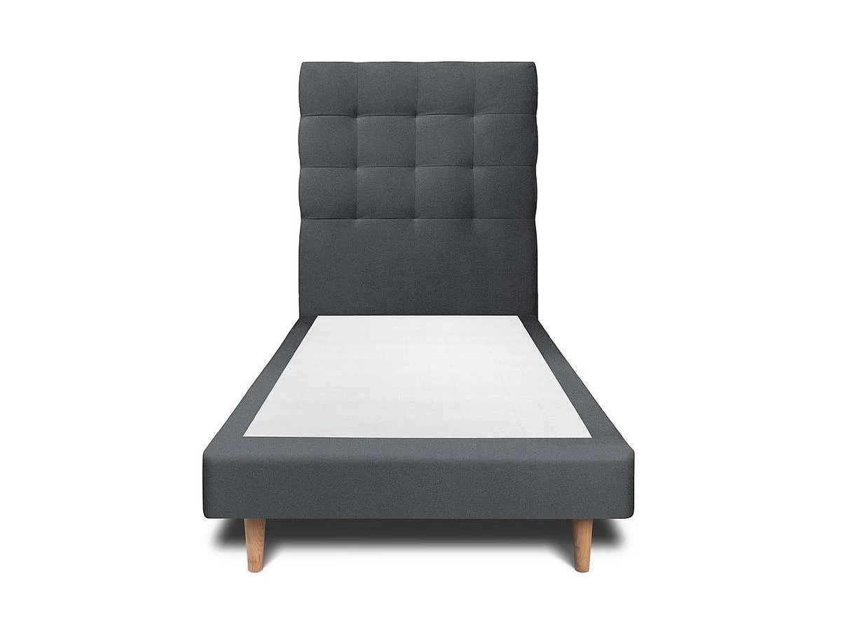 Lit 90x200cm avec tête de lit capitonnée velours et sommier tapissier gris anthracite - Hauteur totale : 29cm