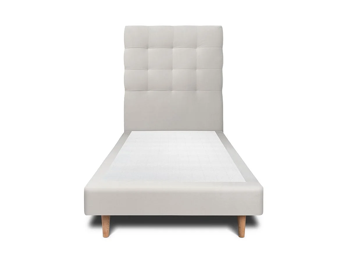 Lit 90x200cm avec tête de lit capitonnée velours et sommier tapissier gris clair - Hauteur totale : 29cm