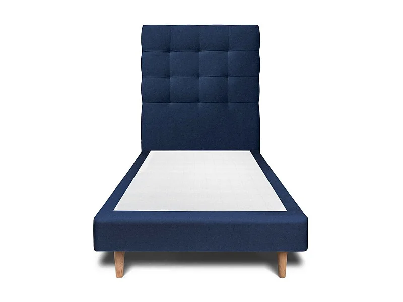 Lit 90x190cm avec tête de lit capitonnée velours et sommier tapissier Bleu - Hauteur totale : 29cm