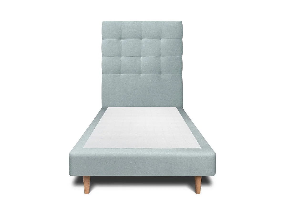 Lit 90x200cm avec tête de lit capitonnée velours et sommier tapissier gris bleuté - Hauteur totale : 29cm