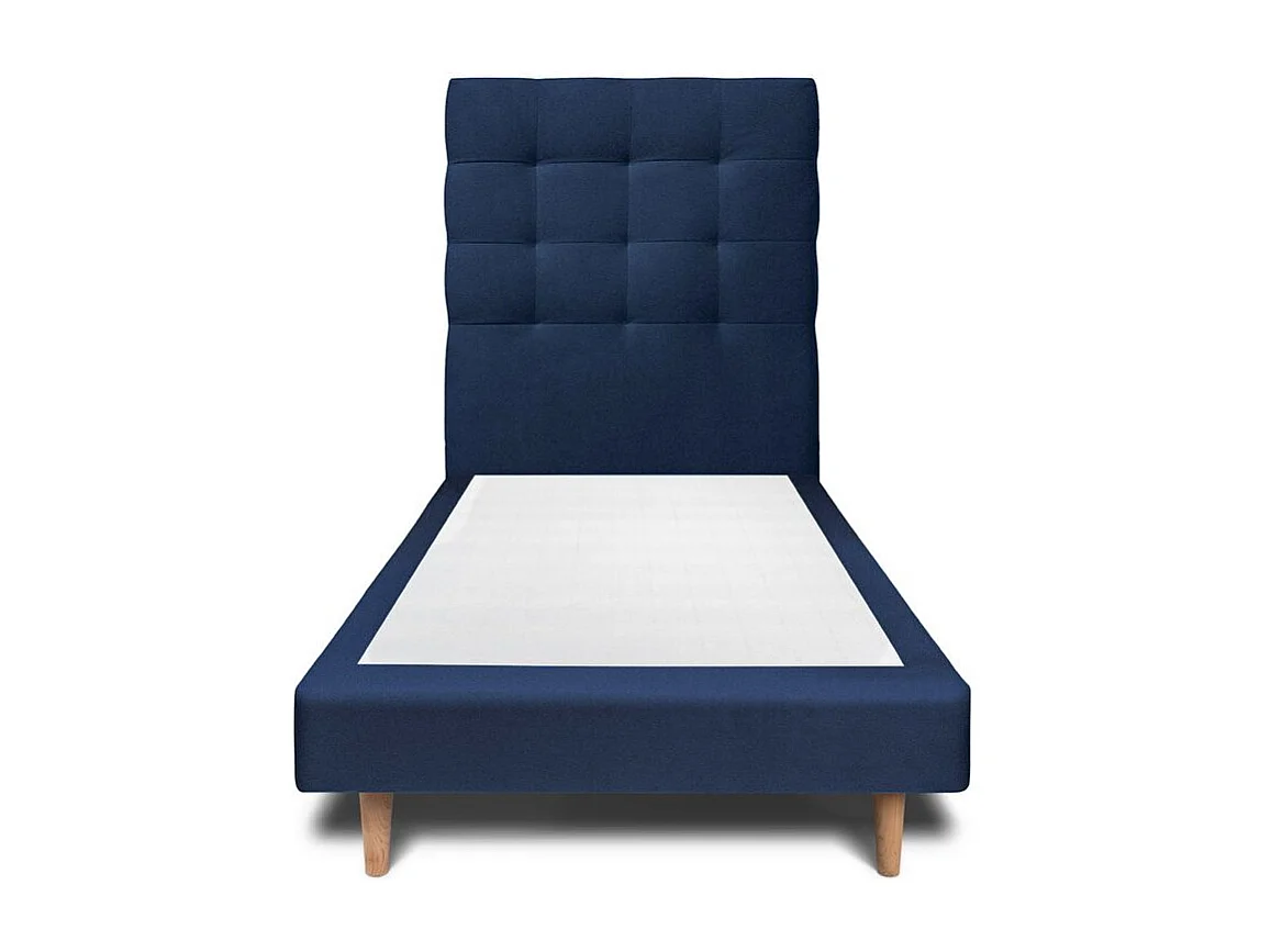 Lit 90x200cm avec tête de lit capitonnée velours et sommier tapissier Bleu - Hauteur totale : 29cm