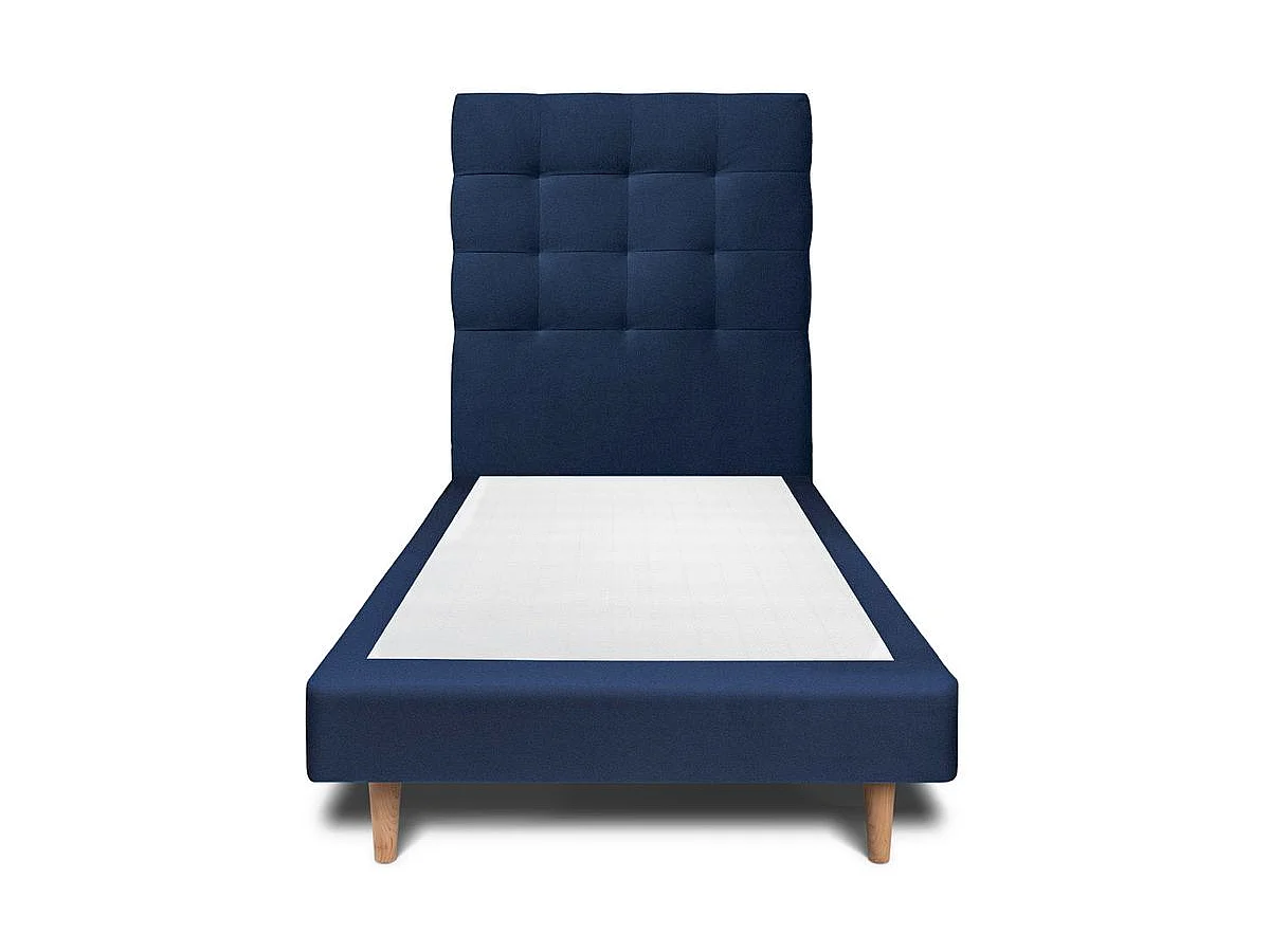 Lit 90x200cm avec tête de lit capitonnée velours et sommier tapissier Bleu - Hauteur totale : 29cm