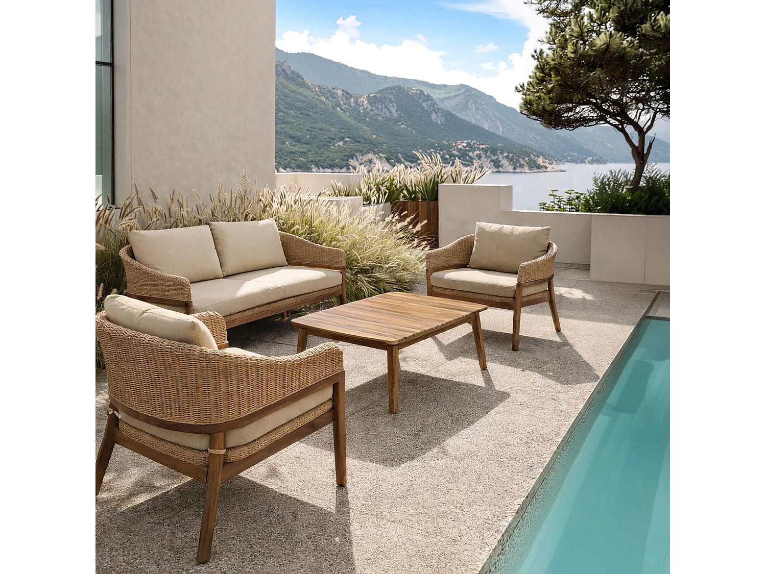 Now's Home - Salon De Jardin En Bois Acacia +resine Tressee Coussins Beige Alhambra