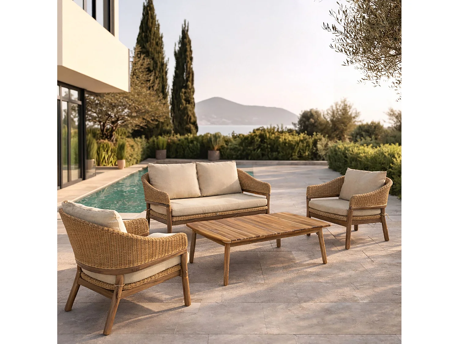 Now's Home - Salon De Jardin En Bois Acacia +résine Tressée Coussins Beige Alhambra