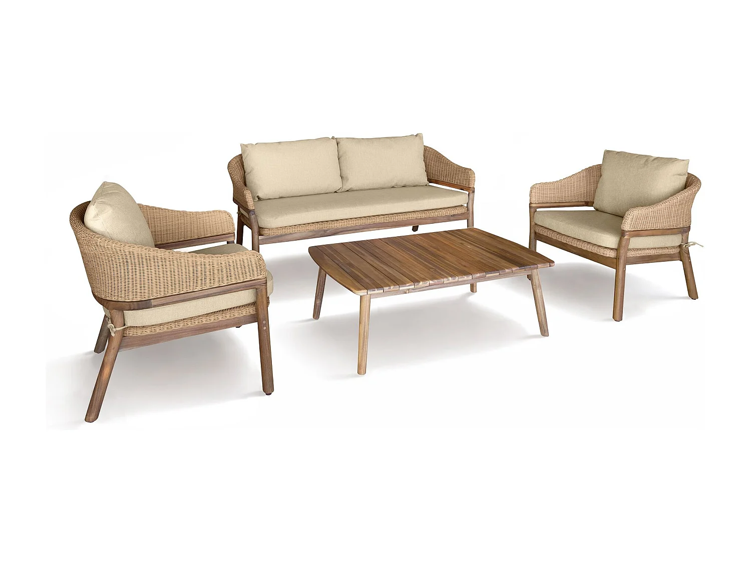 Now's Home - Salon De Jardin En Bois Acacia +résine Tressée Coussins Beige Alhambra