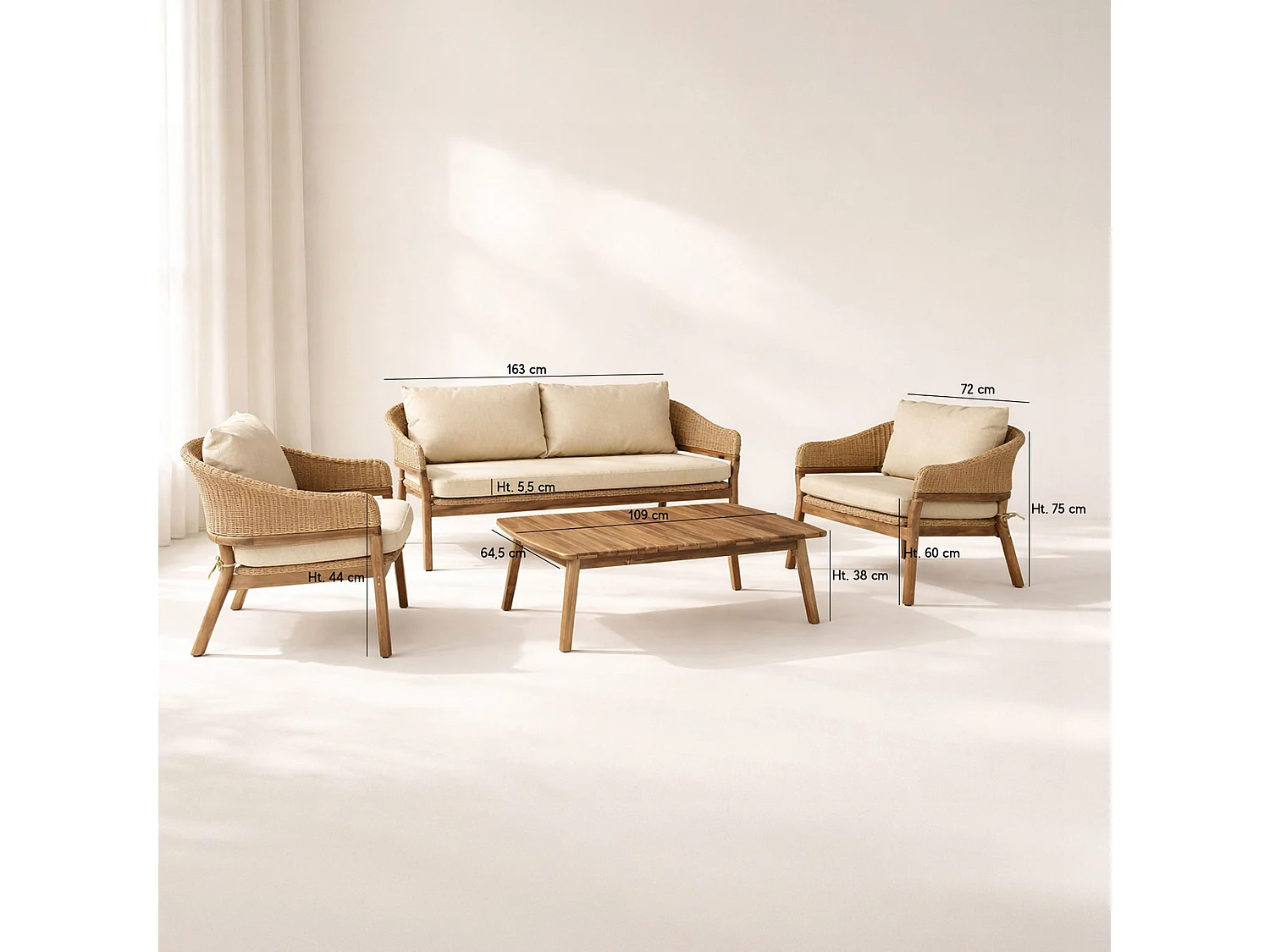 Now's Home - Salon De Jardin En Bois Acacia +résine Tressée Coussins Beige Alhambra