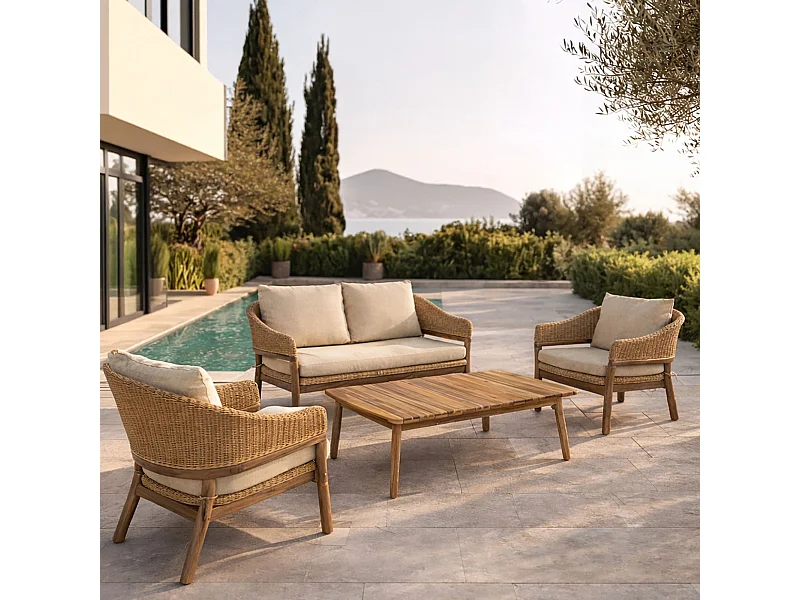 Now's Home - Salon De Jardin En Bois Acacia +resine Tressee Coussins Beige Alhambra