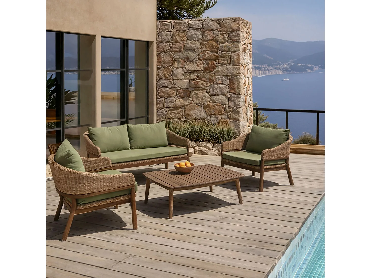 Now's Home - Salon Jardin Bois Acacia Resine Tresse Coussins Tissu Kaki Alhambra