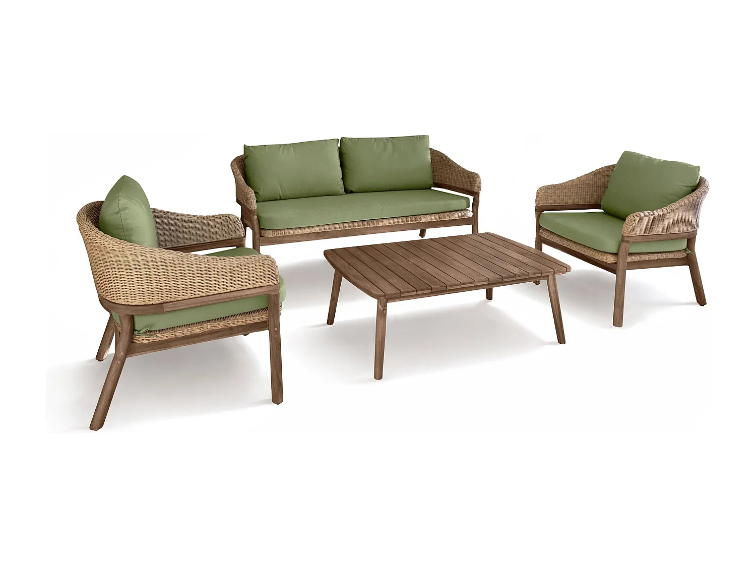 Now's Home - Salon Jardin Bois Acacia Résine Tréssé Coussins Tissu Kaki Alhambra