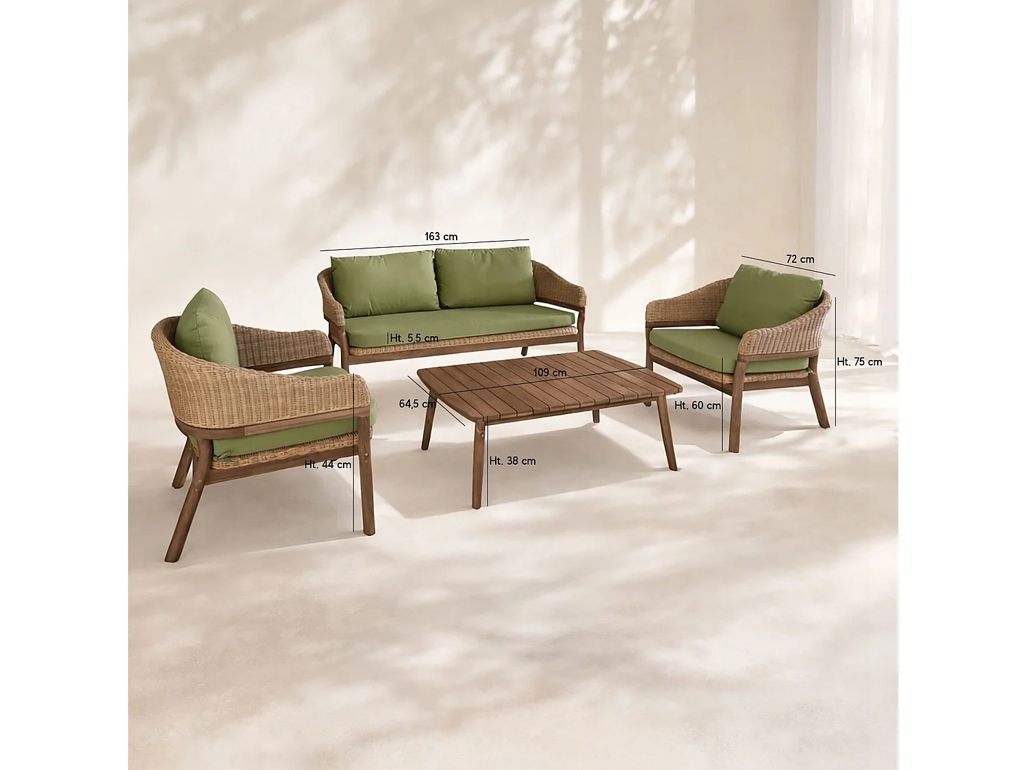 Now's Home - Salon Jardin Bois Acacia Résine Tréssé Coussins Tissu Kaki Alhambra